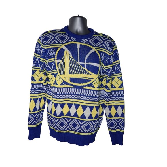 Golden State Warriors Ugly Xmas Sweater Men’s‎ M Knit Plaid Retro Big Logo - Picture 1 of 6